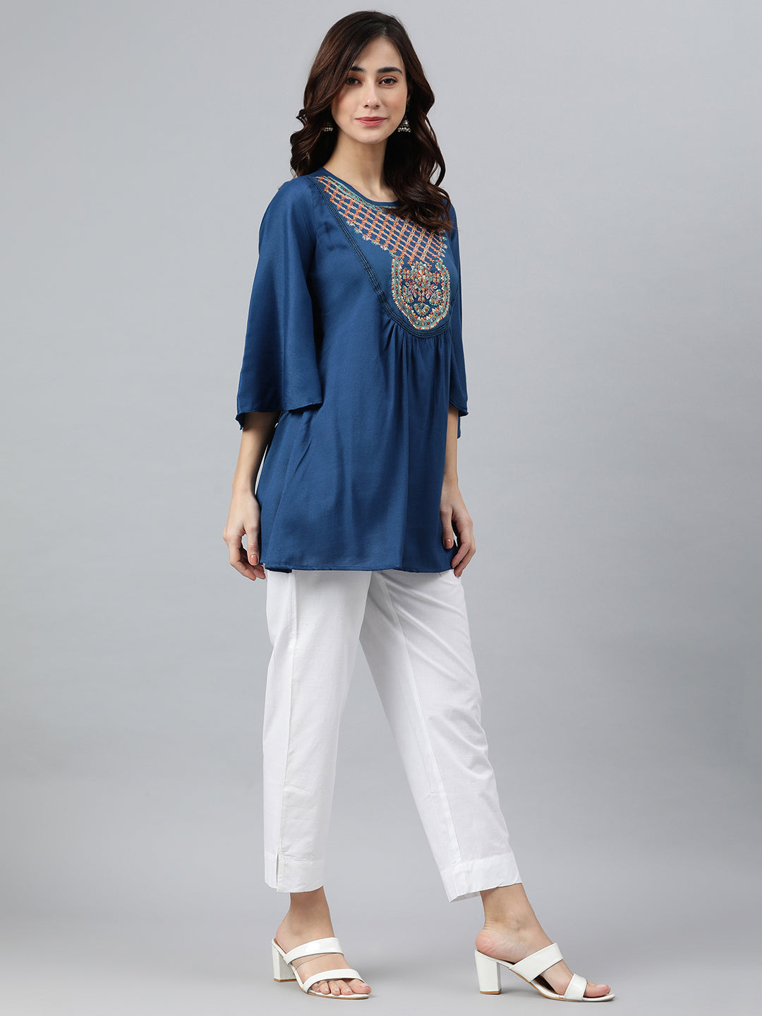 Janasya Women's Blue Rayon Slub Embroidered Regular Tunic | Swadesiicart