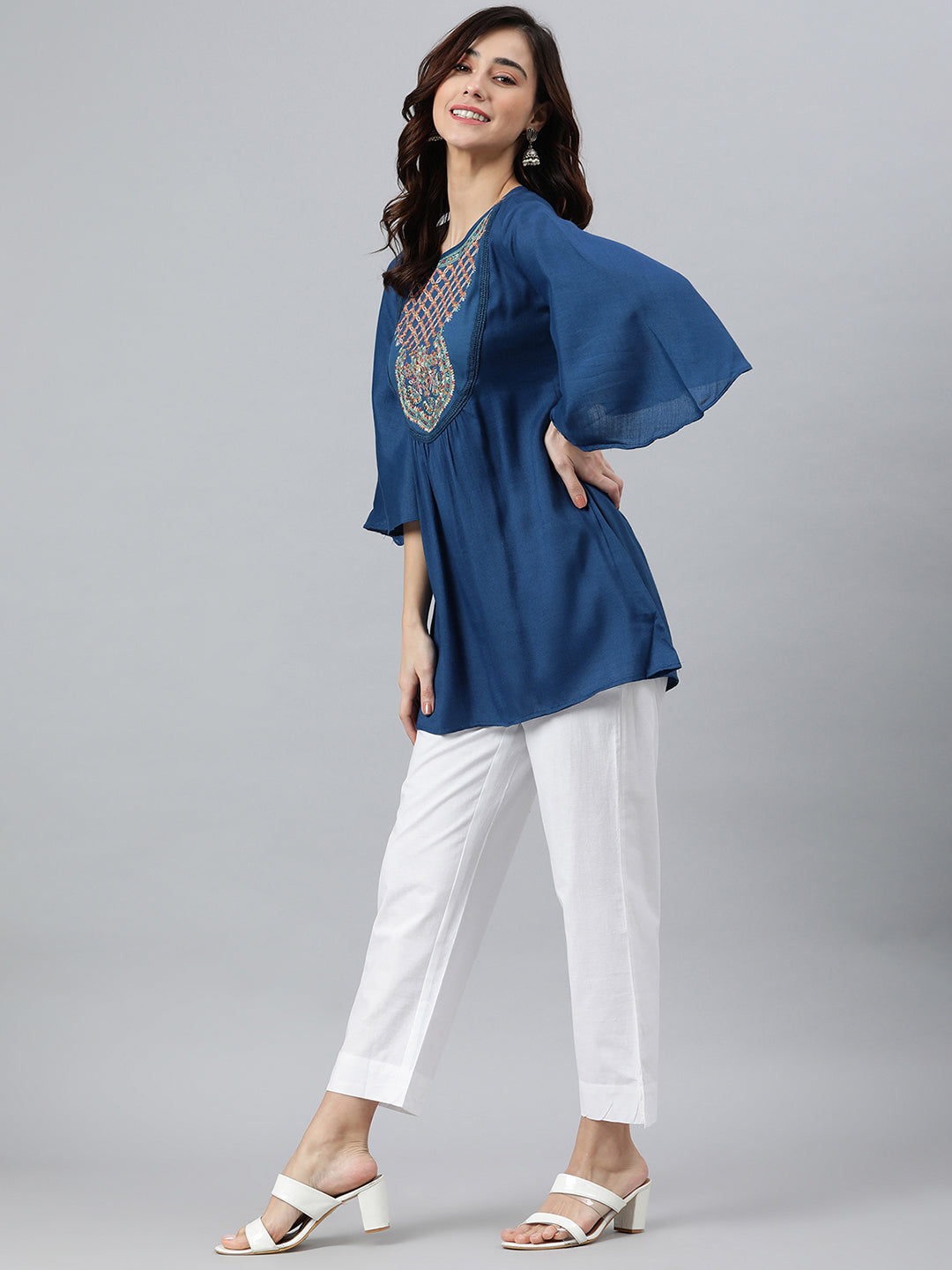 Janasya Women's Blue Rayon Slub Embroidered Regular Tunic | Swadesiicart