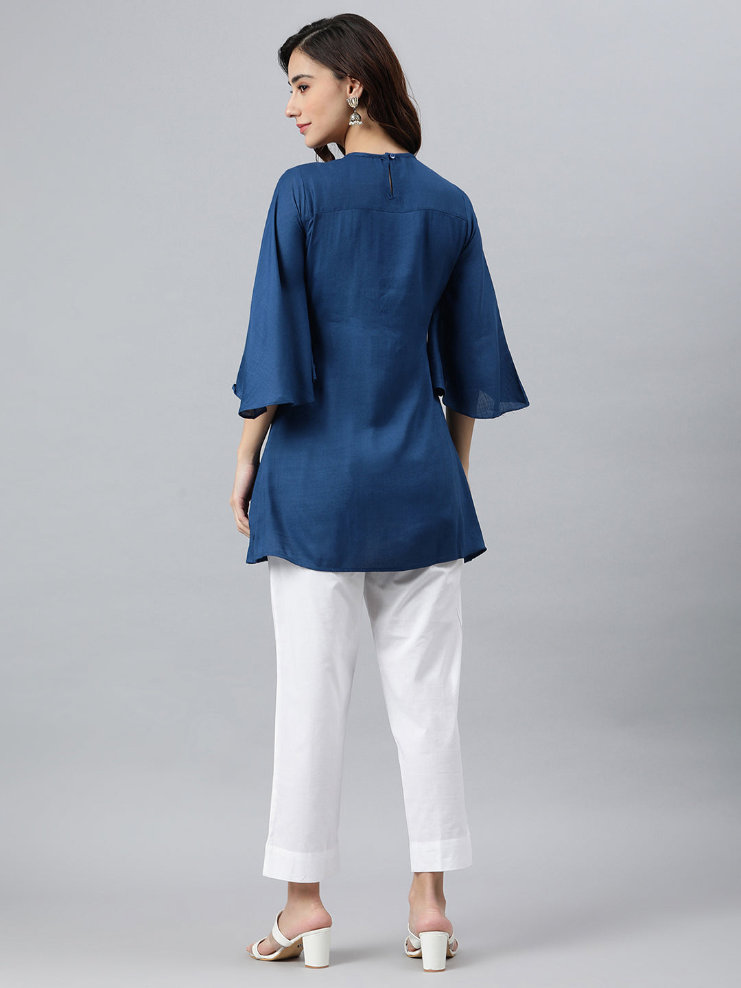 Janasya Women's Blue Rayon Slub Embroidered Regular Tunic | Swadesiicart