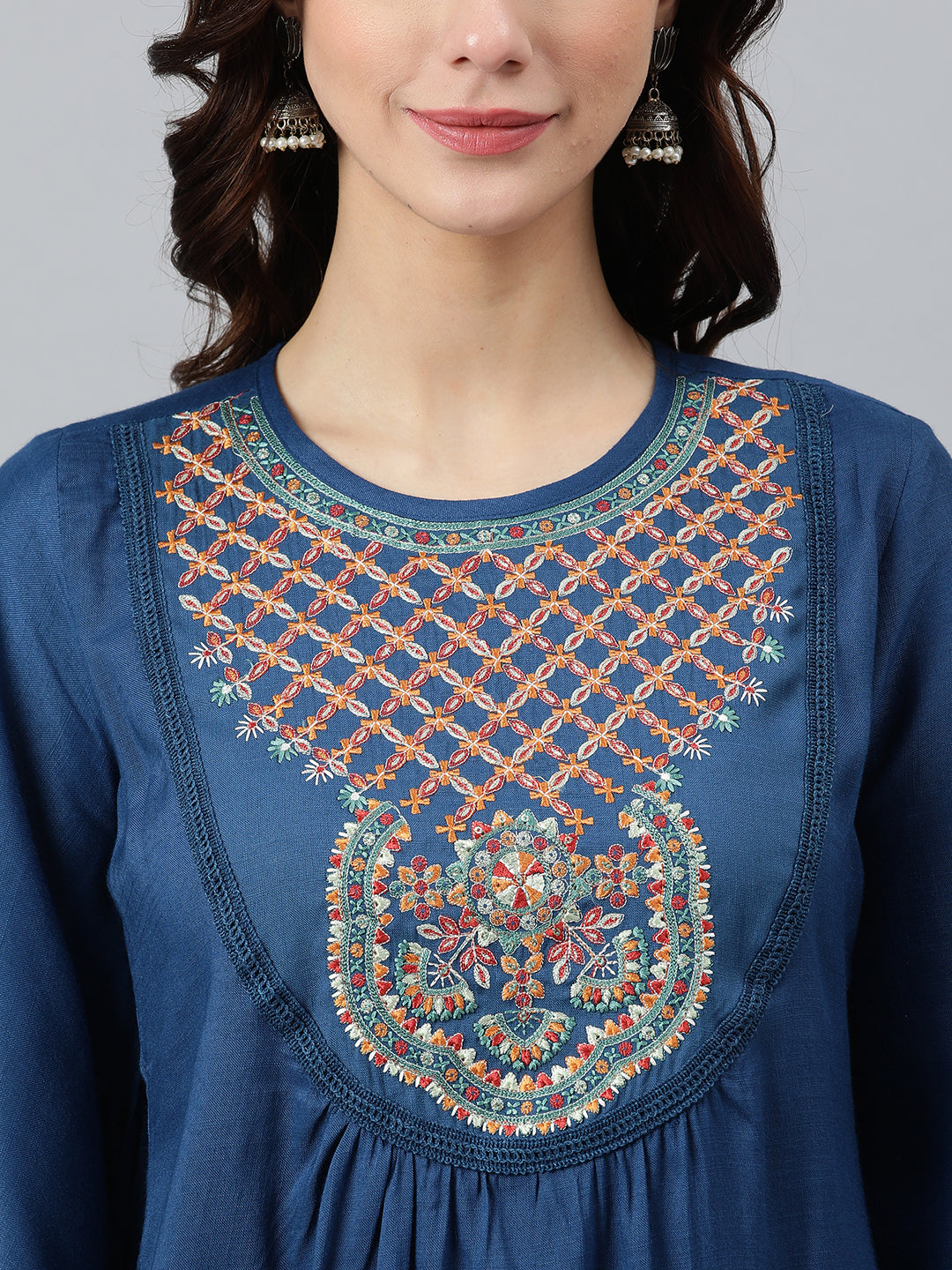 Janasya Women's Blue Rayon Slub Embroidered Regular Tunic | Swadesiicart