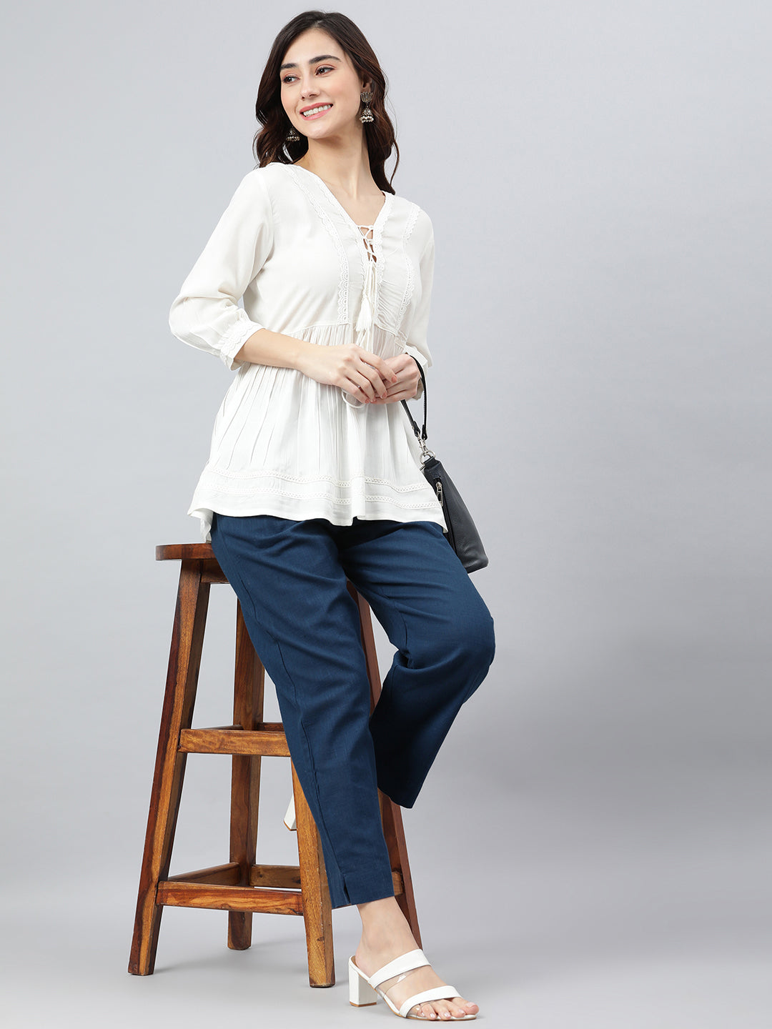 Janasya Women's White Rayon Solid Flared Top | Swadesiicart