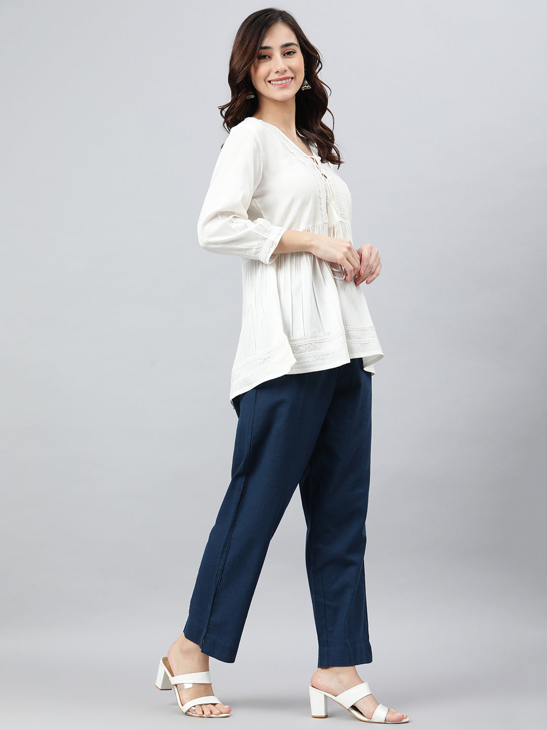 Janasya Women's White Rayon Solid Flared Top | Swadesiicart