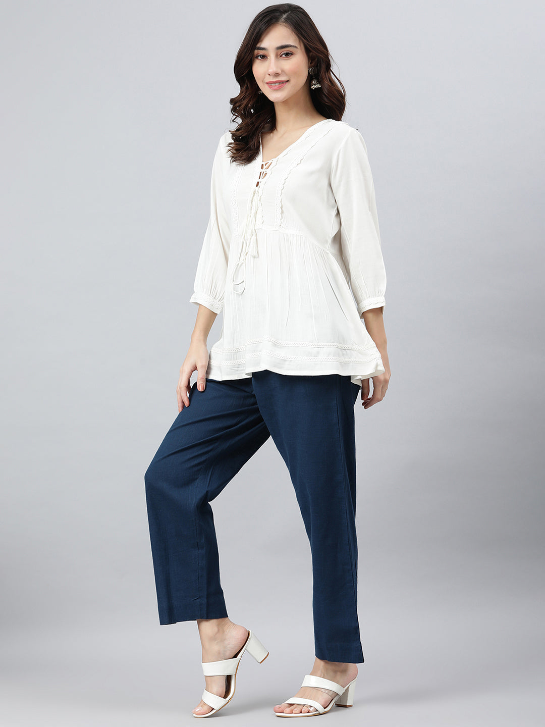 Janasya Women's White Rayon Solid Flared Top | Swadesiicart