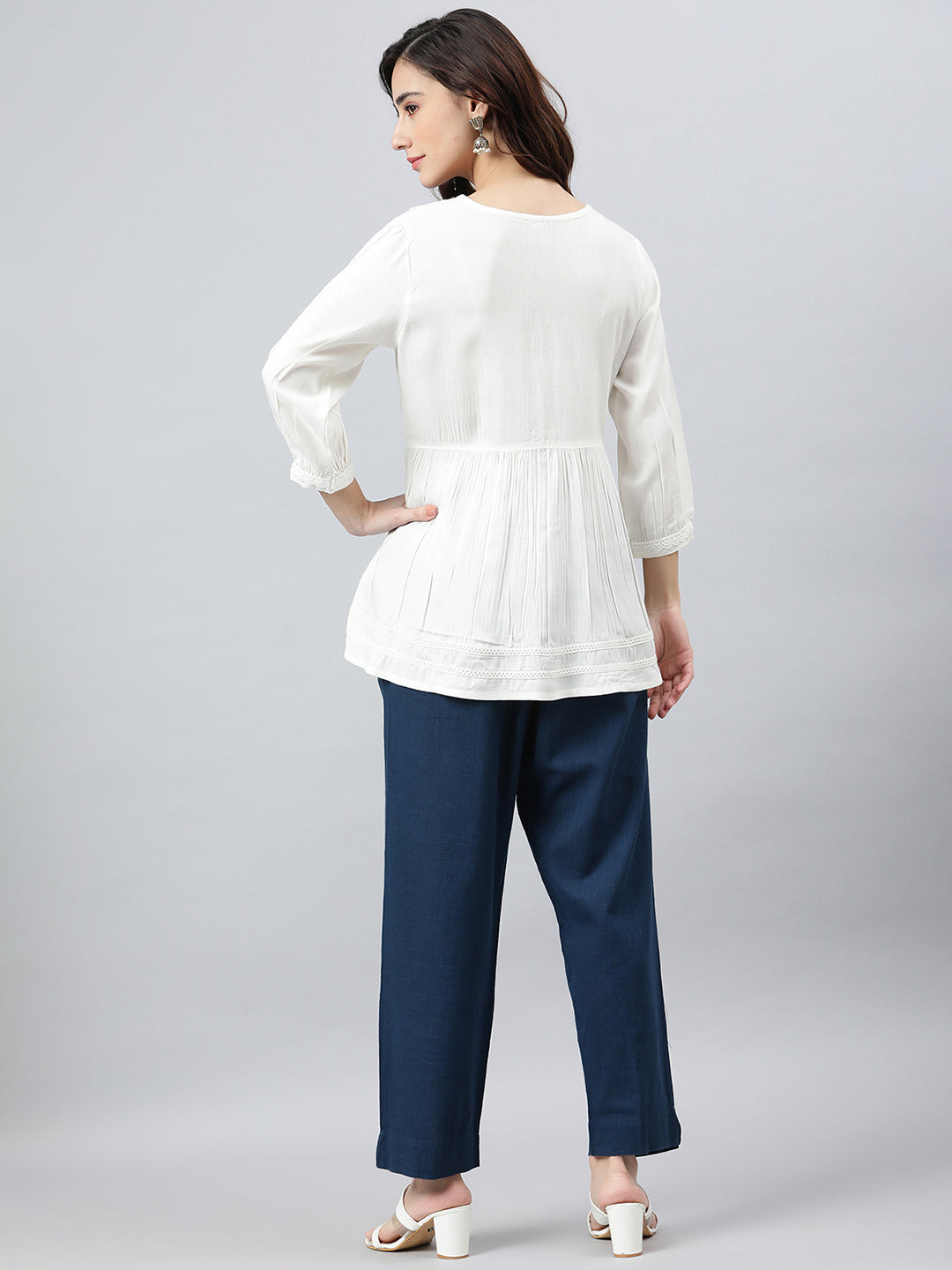 Janasya Women's White Rayon Solid Flared Top | Swadesiicart