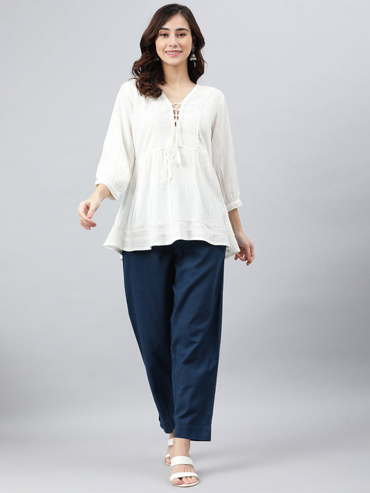 Janasya Women's White Rayon Solid Flared Top | Swadesiicart