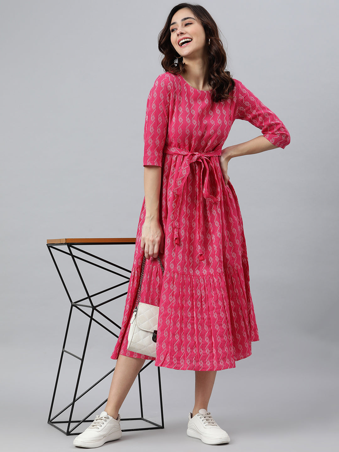 Janasya Women's Pink Cotton Woven Design Tiered Western Dress | Swadesiicart