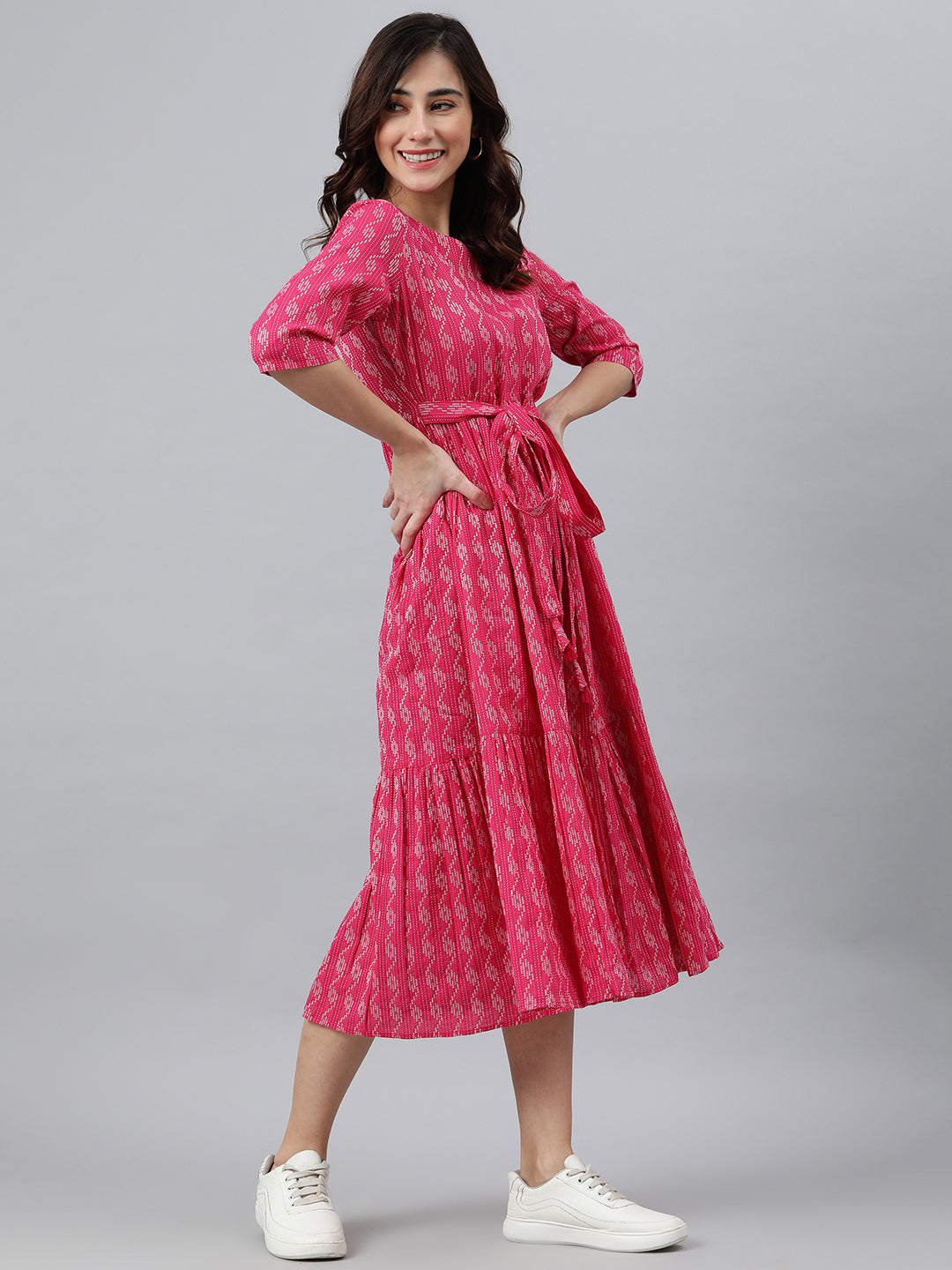 Janasya Women's Pink Cotton Woven Design Tiered Western Dress | Swadesiicart