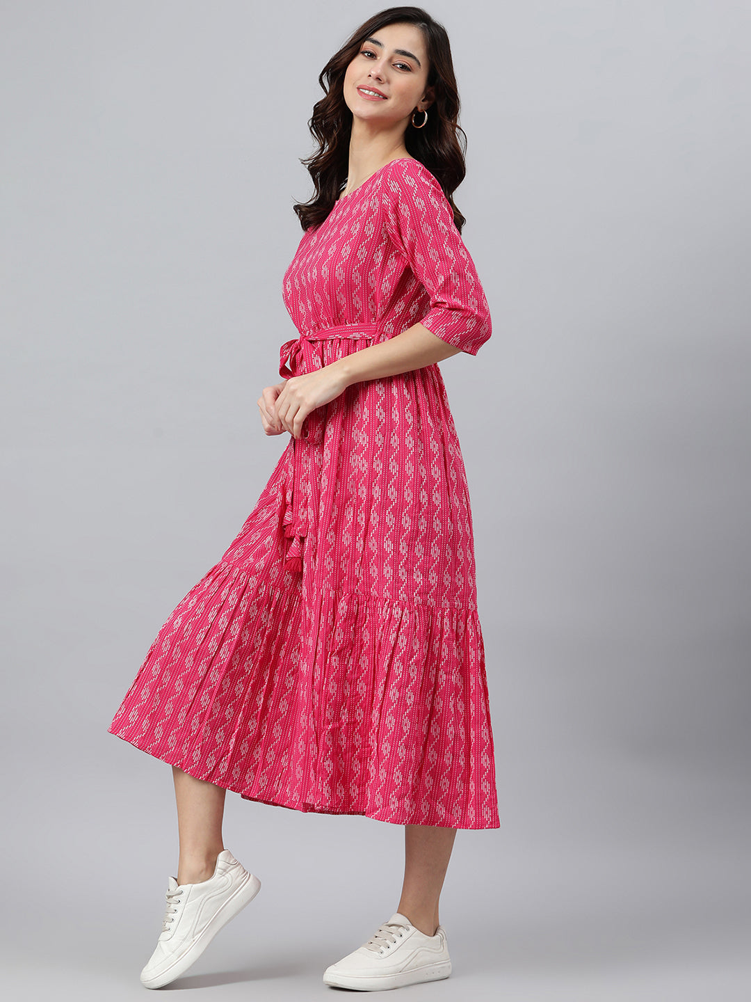 Janasya Women's Pink Cotton Woven Design Tiered Western Dress | Swadesiicart