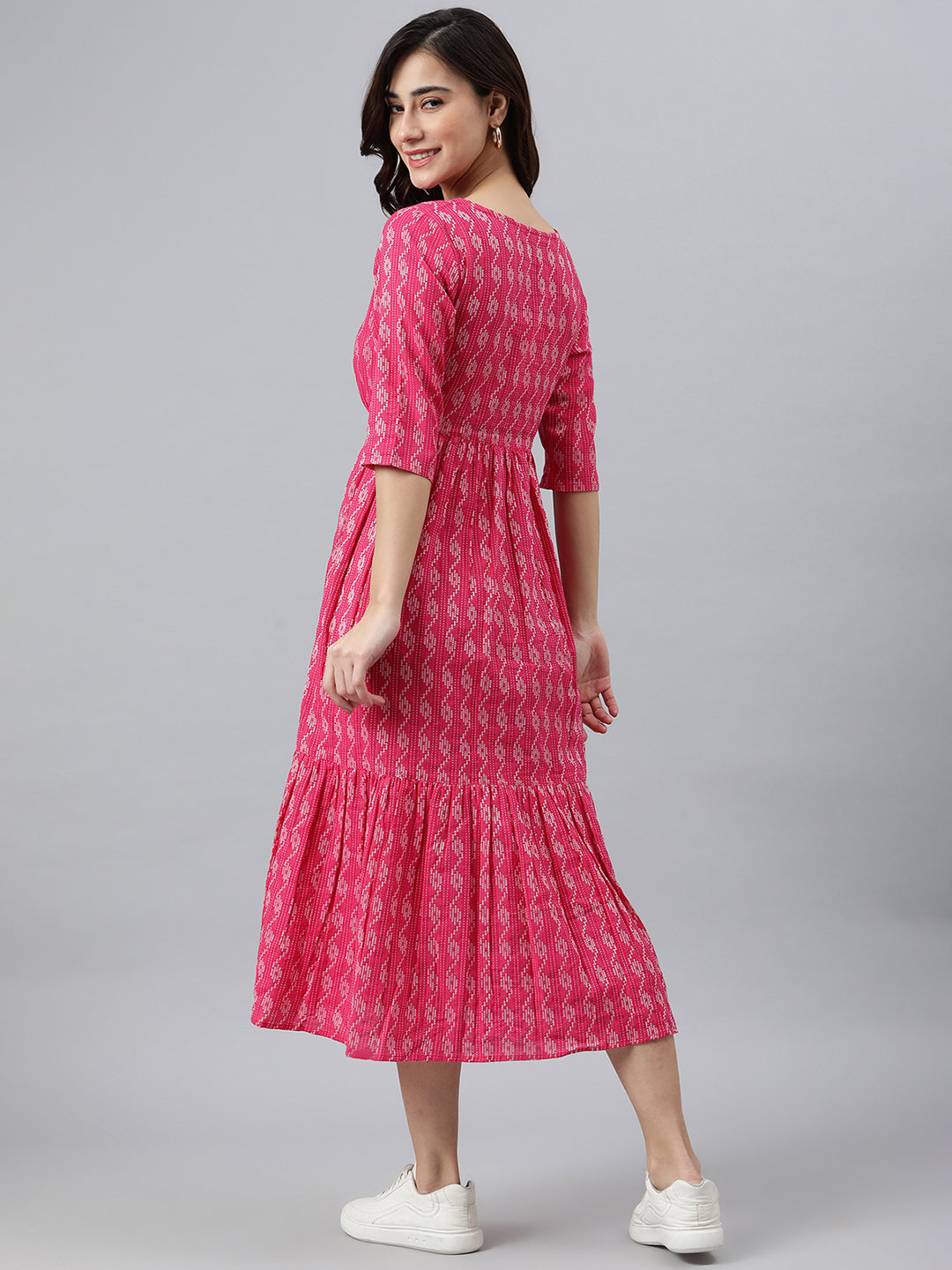 Janasya Women's Pink Cotton Woven Design Tiered Western Dress | Swadesiicart