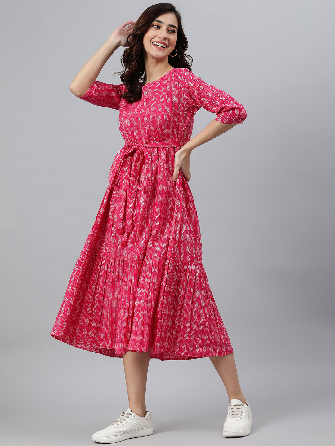 Janasya Women's Pink Cotton Woven Design Tiered Western Dress | Swadesiicart