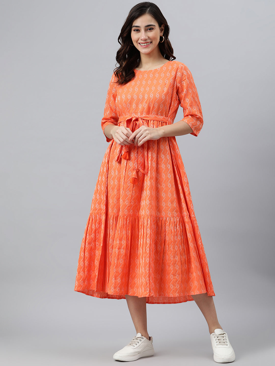 Janasya Women's Orange Cotton Woven Design Tiered Western Dress | Swadesiicart