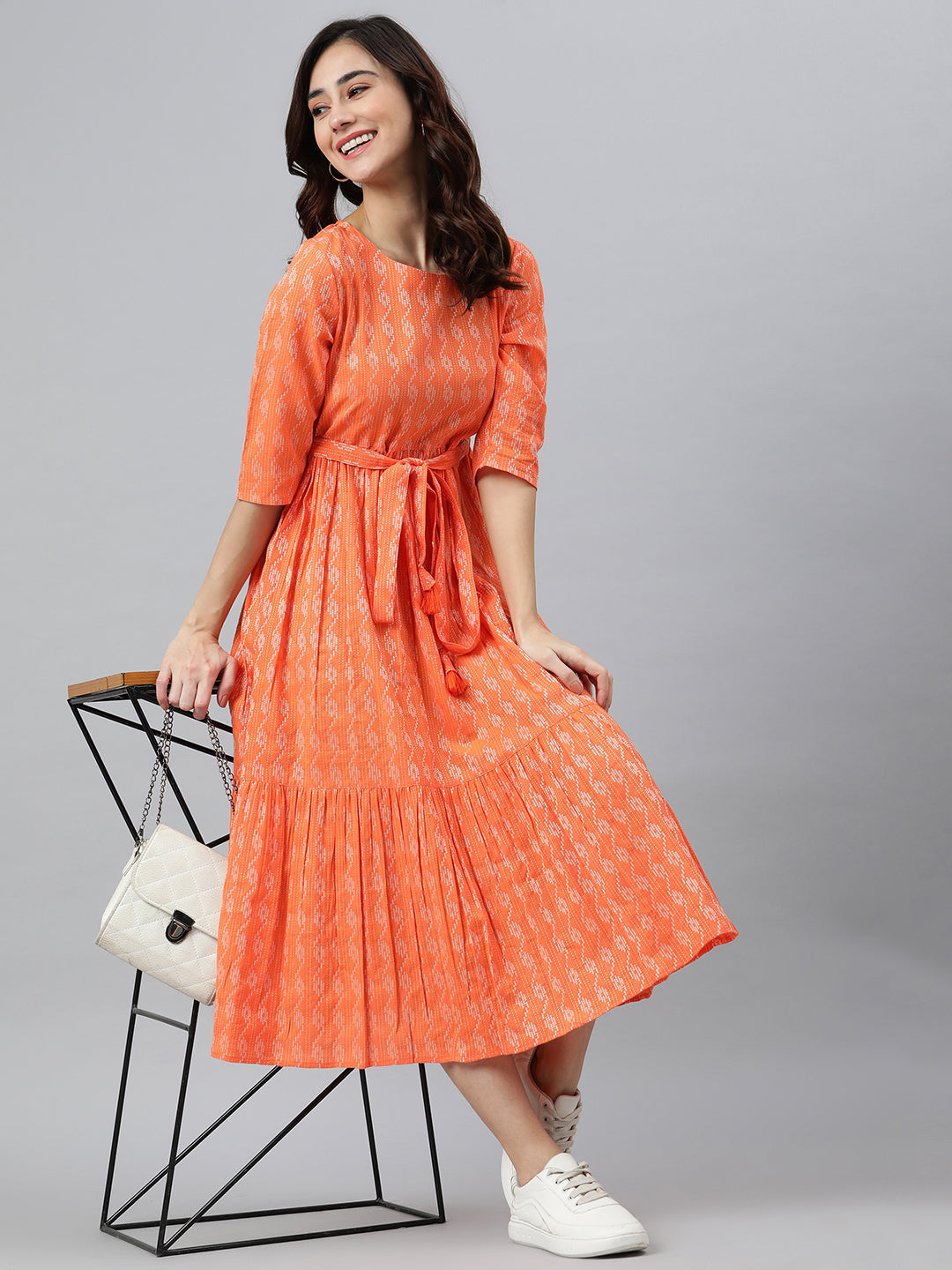Janasya Women's Orange Cotton Woven Design Tiered Western Dress | Swadesiicart