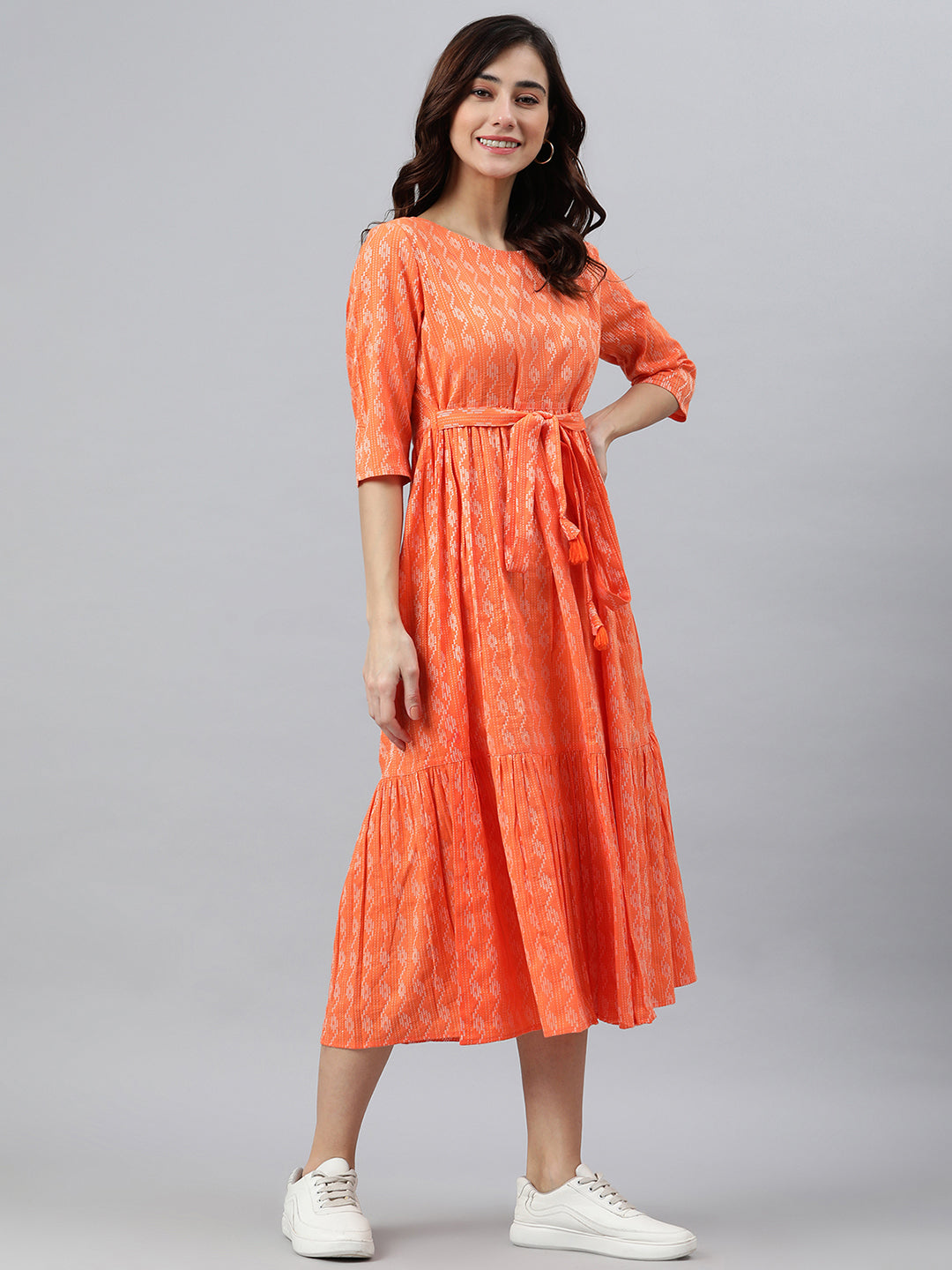 Janasya Women's Orange Cotton Woven Design Tiered Western Dress | Swadesiicart