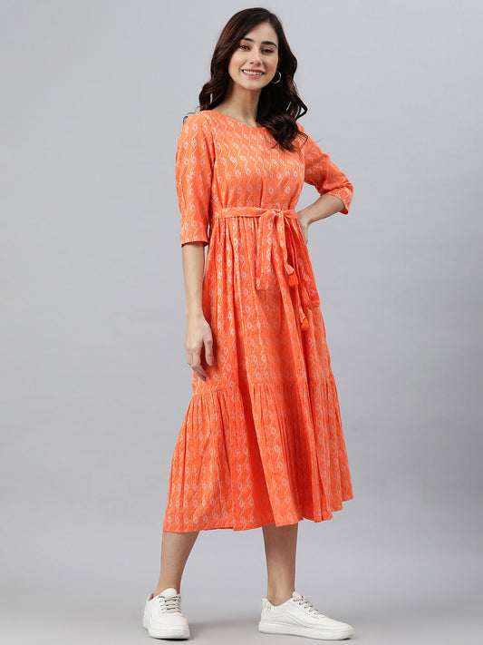 Janasya Women's Orange Cotton Woven Design Tiered Western Dress | Swadesiicart