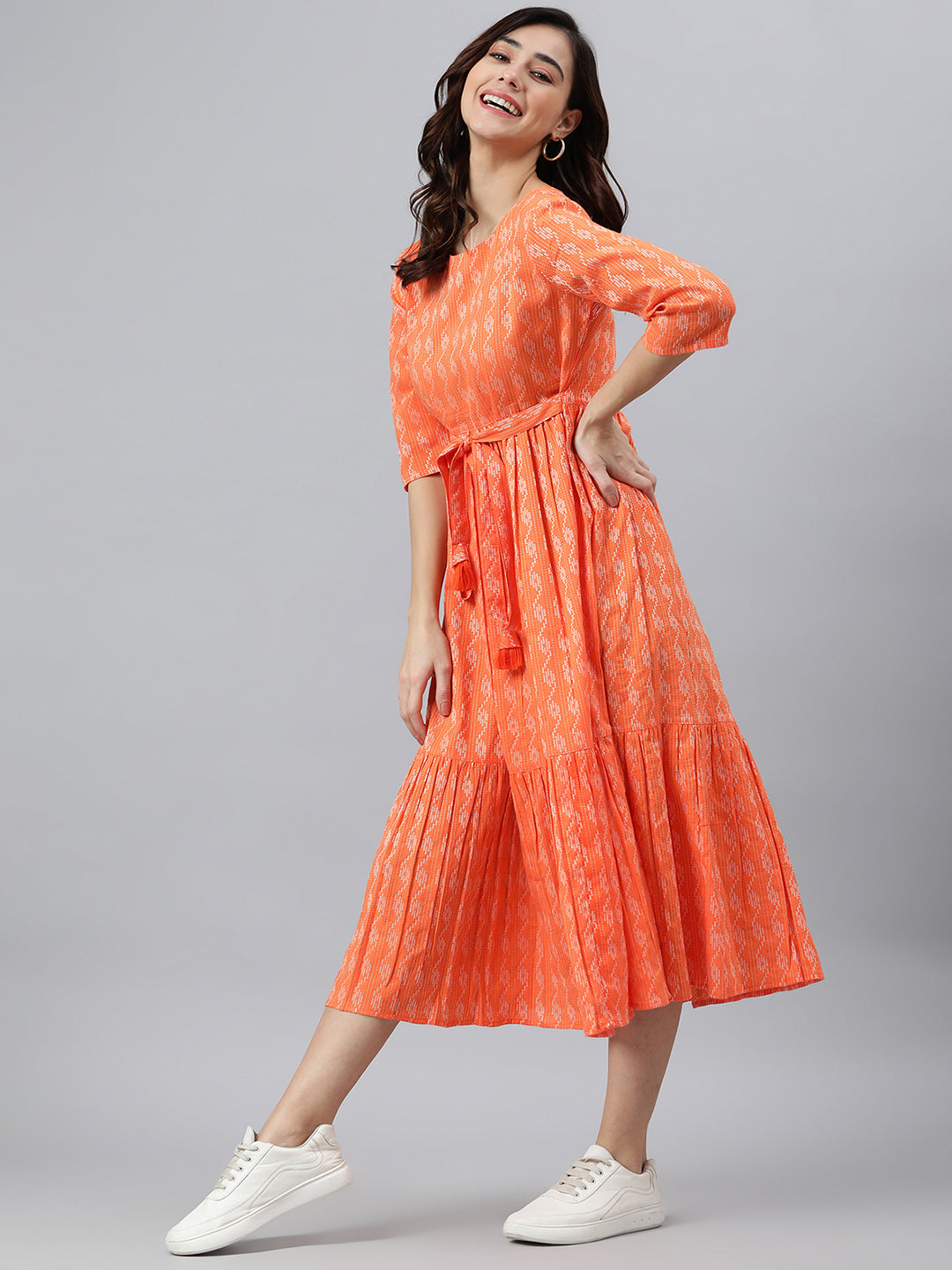Janasya Women's Orange Cotton Woven Design Tiered Western Dress | Swadesiicart