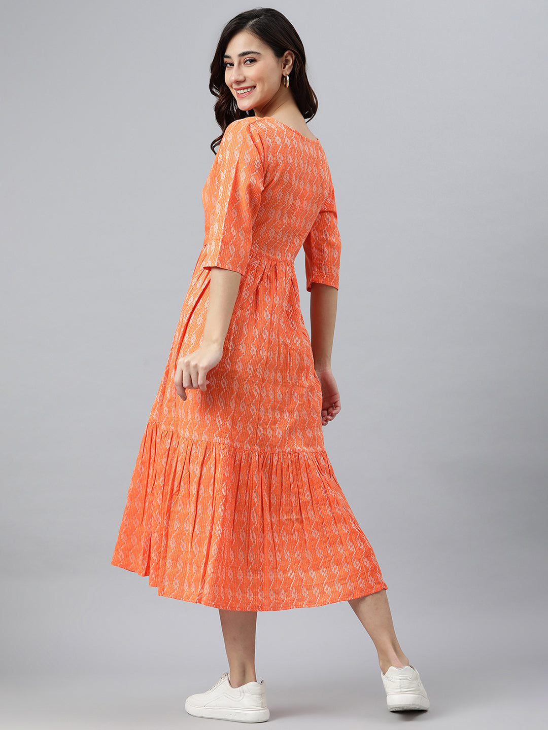 Janasya Women's Orange Cotton Woven Design Tiered Western Dress | Swadesiicart