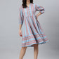 Janasya Women's Sky Blue Cotton Blend Striped Flared Western Dress | Swadesiicart