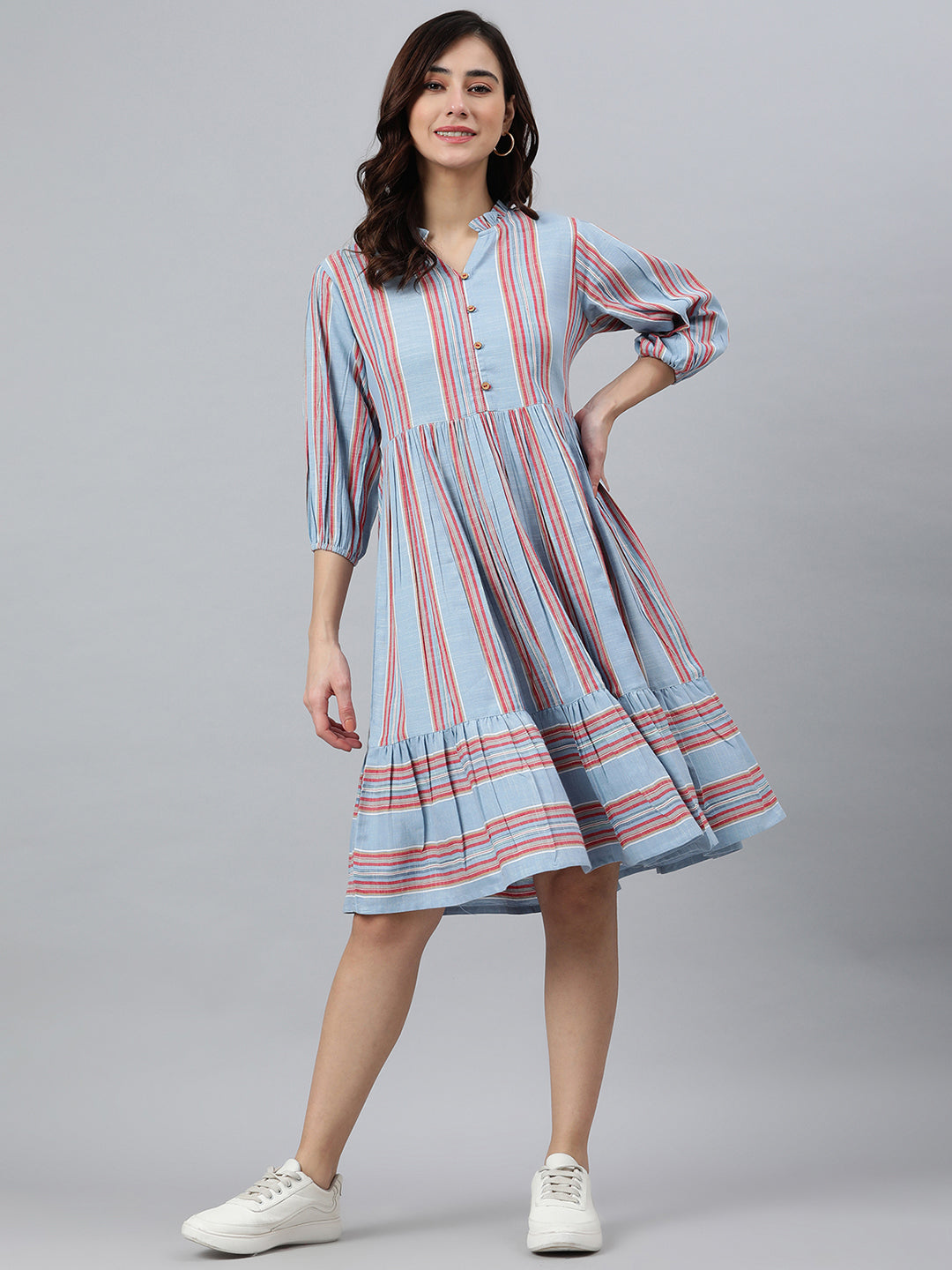 Janasya Women's Sky Blue Cotton Blend Striped Flared Western Dress | Swadesiicart