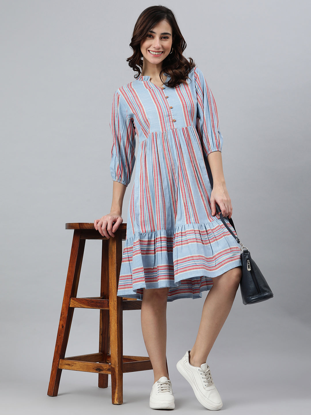 Janasya Women's Sky Blue Cotton Blend Striped Flared Western Dress | Swadesiicart