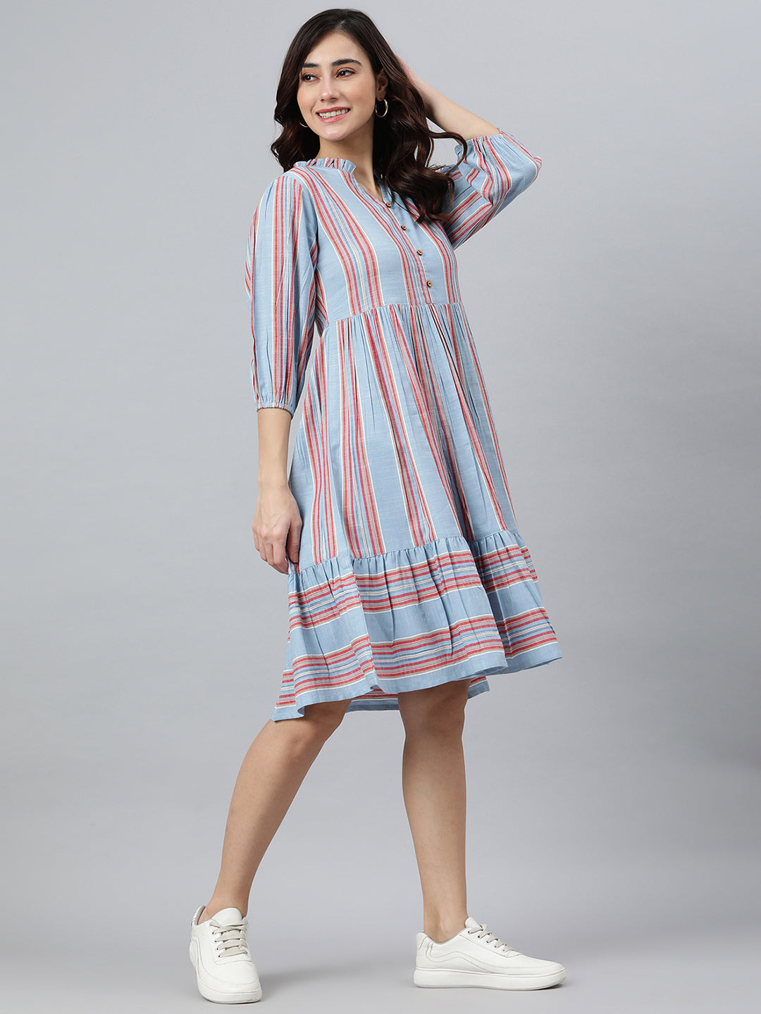 Janasya Women's Sky Blue Cotton Blend Striped Flared Western Dress | Swadesiicart