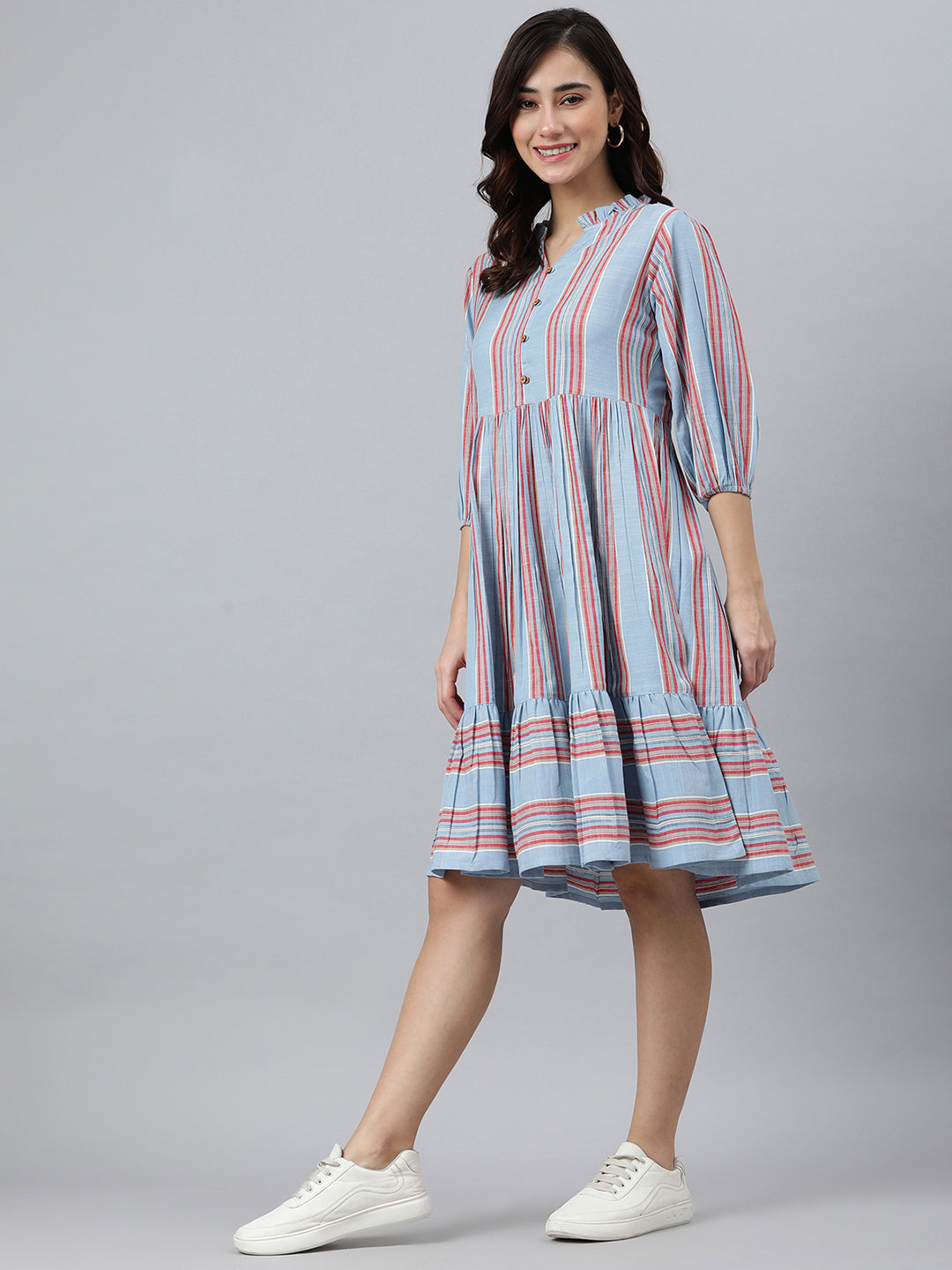 Janasya Women's Sky Blue Cotton Blend Striped Flared Western Dress | Swadesiicart