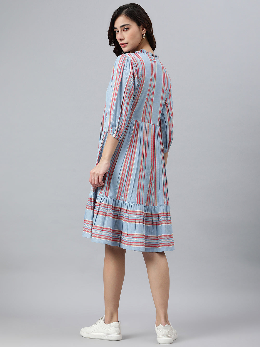 Janasya Women's Sky Blue Cotton Blend Striped Flared Western Dress | Swadesiicart