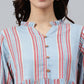 Janasya Women's Sky Blue Cotton Blend Striped Flared Western Dress | Swadesiicart