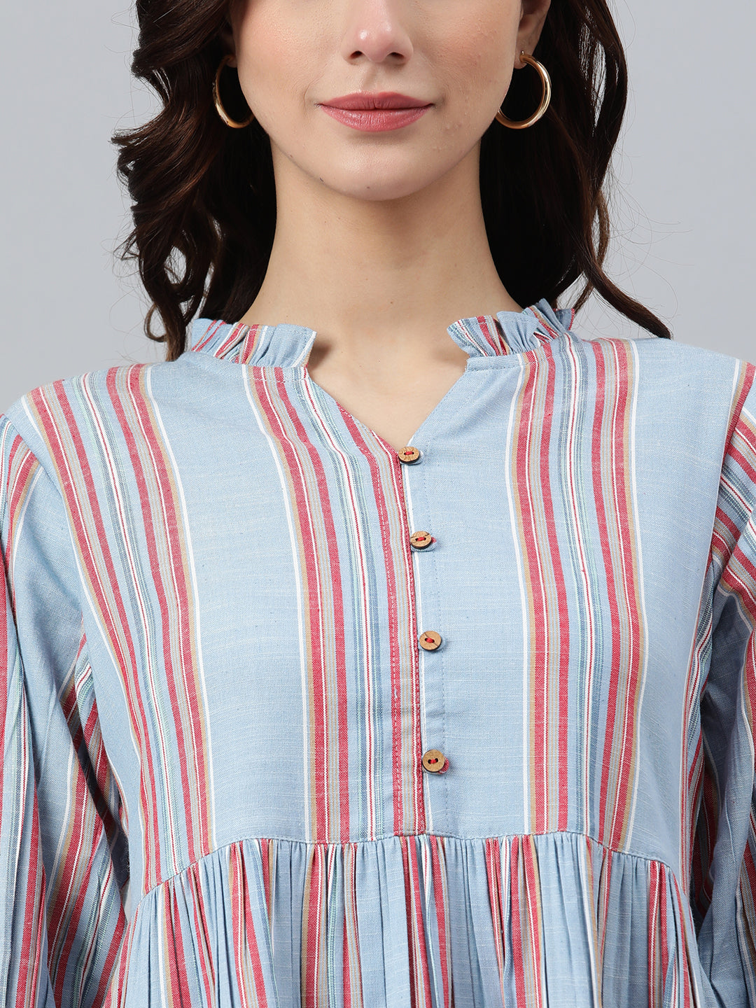 Janasya Women's Sky Blue Cotton Blend Striped Flared Western Dress | Swadesiicart