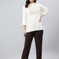 Janasya Women's Cream Rayon Slub Embroidered A-Line Top | Swadesiicart