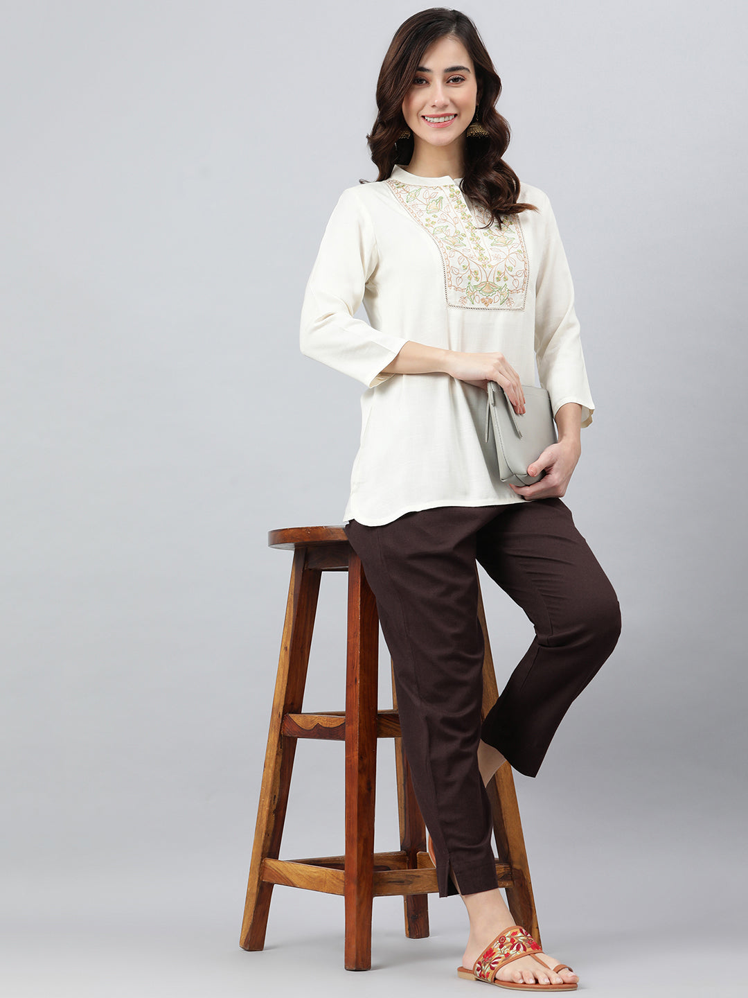 Janasya Women's Cream Rayon Slub Embroidered A-Line Top | Swadesiicart