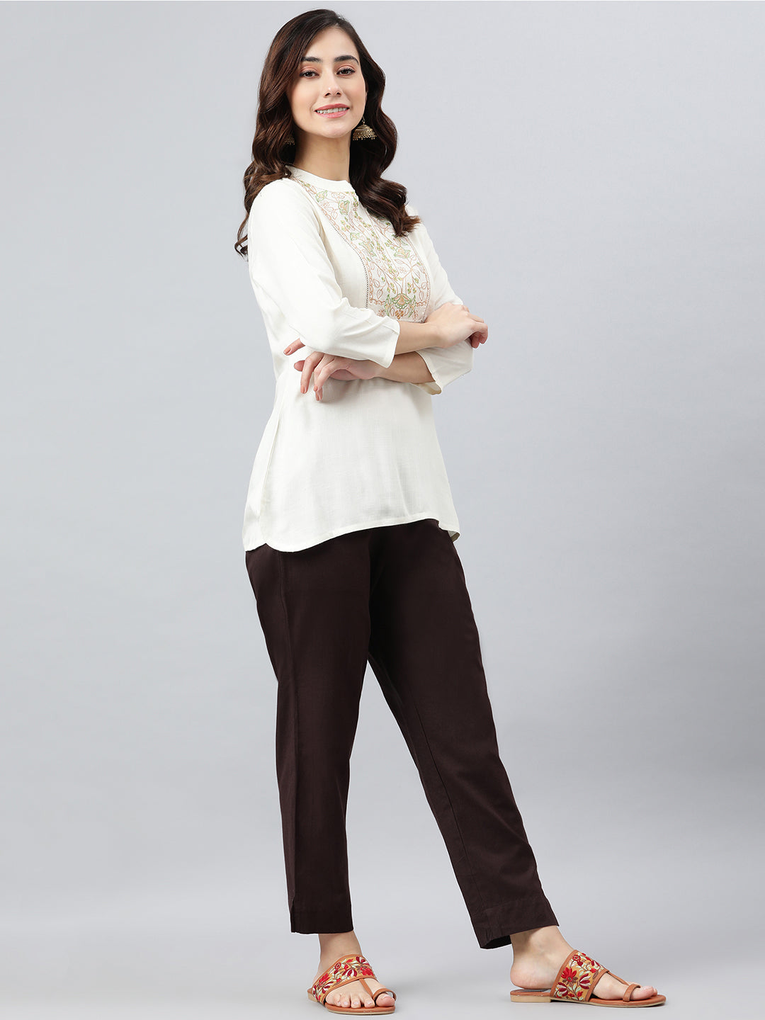 Janasya Women's Cream Rayon Slub Embroidered A-Line Top | Swadesiicart