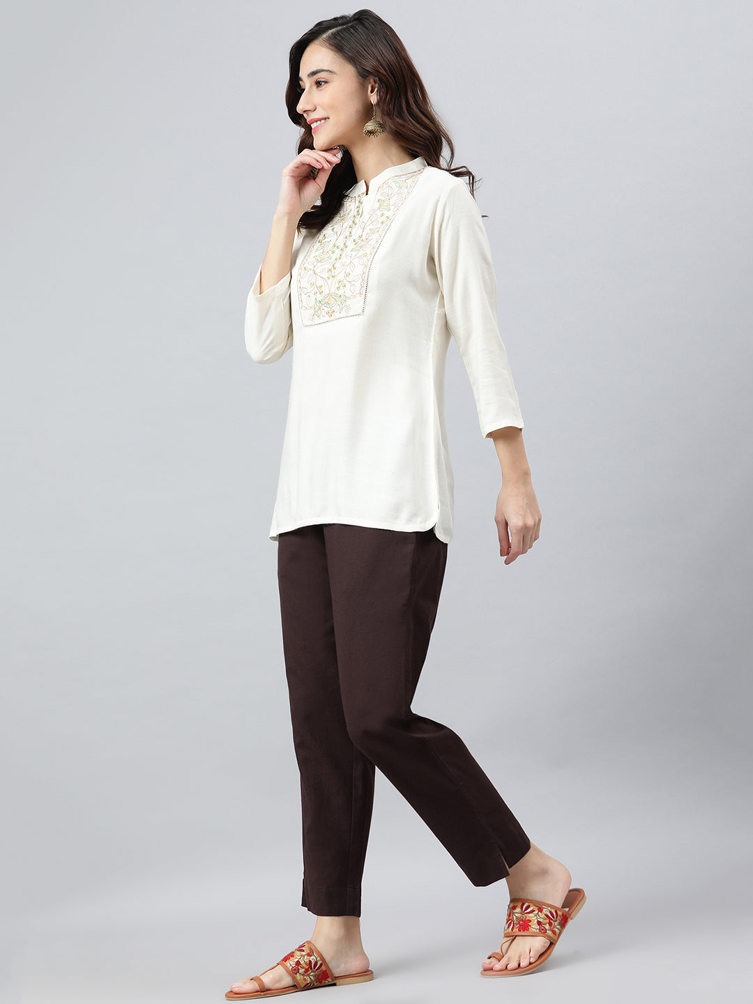 Janasya Women's Cream Rayon Slub Embroidered A-Line Top | Swadesiicart