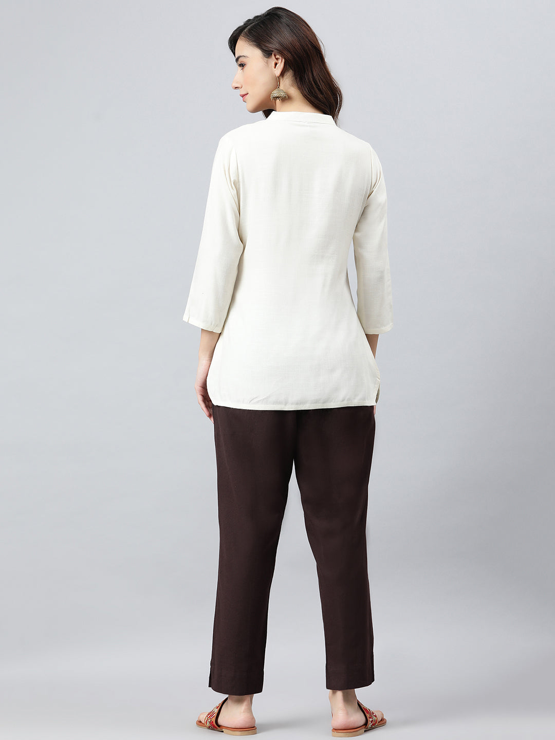 Janasya Women's Cream Rayon Slub Embroidered A-Line Top | Swadesiicart