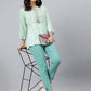 Janasya Women's Light Green Rayon Slub Embroidered A-Line Top | Swadesiicart