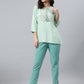 Janasya Women's Light Green Rayon Slub Embroidered A-Line Top | Swadesiicart