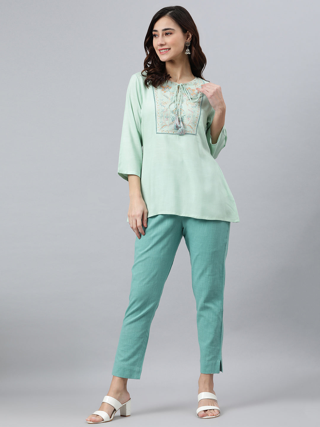 Janasya Women's Light Green Rayon Slub Embroidered A-Line Top | Swadesiicart