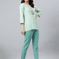 Janasya Women's Light Green Rayon Slub Embroidered A-Line Top | Swadesiicart