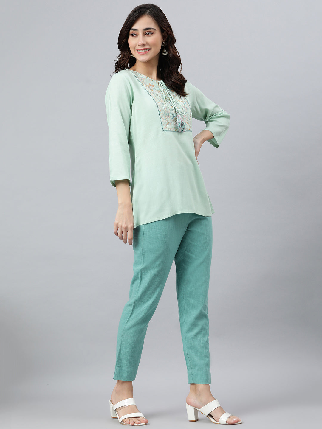 Janasya Women's Light Green Rayon Slub Embroidered A-Line Top | Swadesiicart