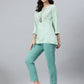 Janasya Women's Light Green Rayon Slub Embroidered A-Line Top | Swadesiicart