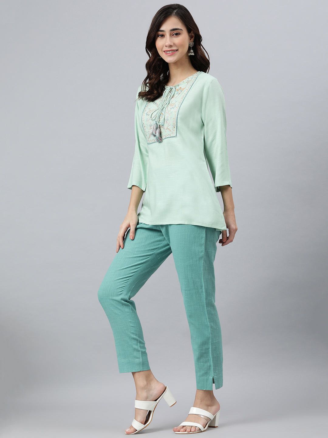 Janasya Women's Light Green Rayon Slub Embroidered A-Line Top | Swadesiicart