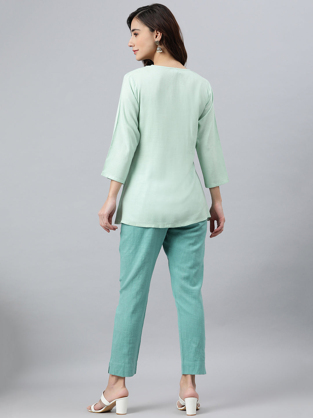 Janasya Women's Light Green Rayon Slub Embroidered A-Line Top | Swadesiicart