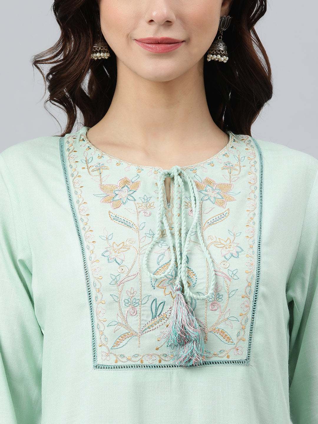 Janasya Women's Light Green Rayon Slub Embroidered A-Line Top | Swadesiicart