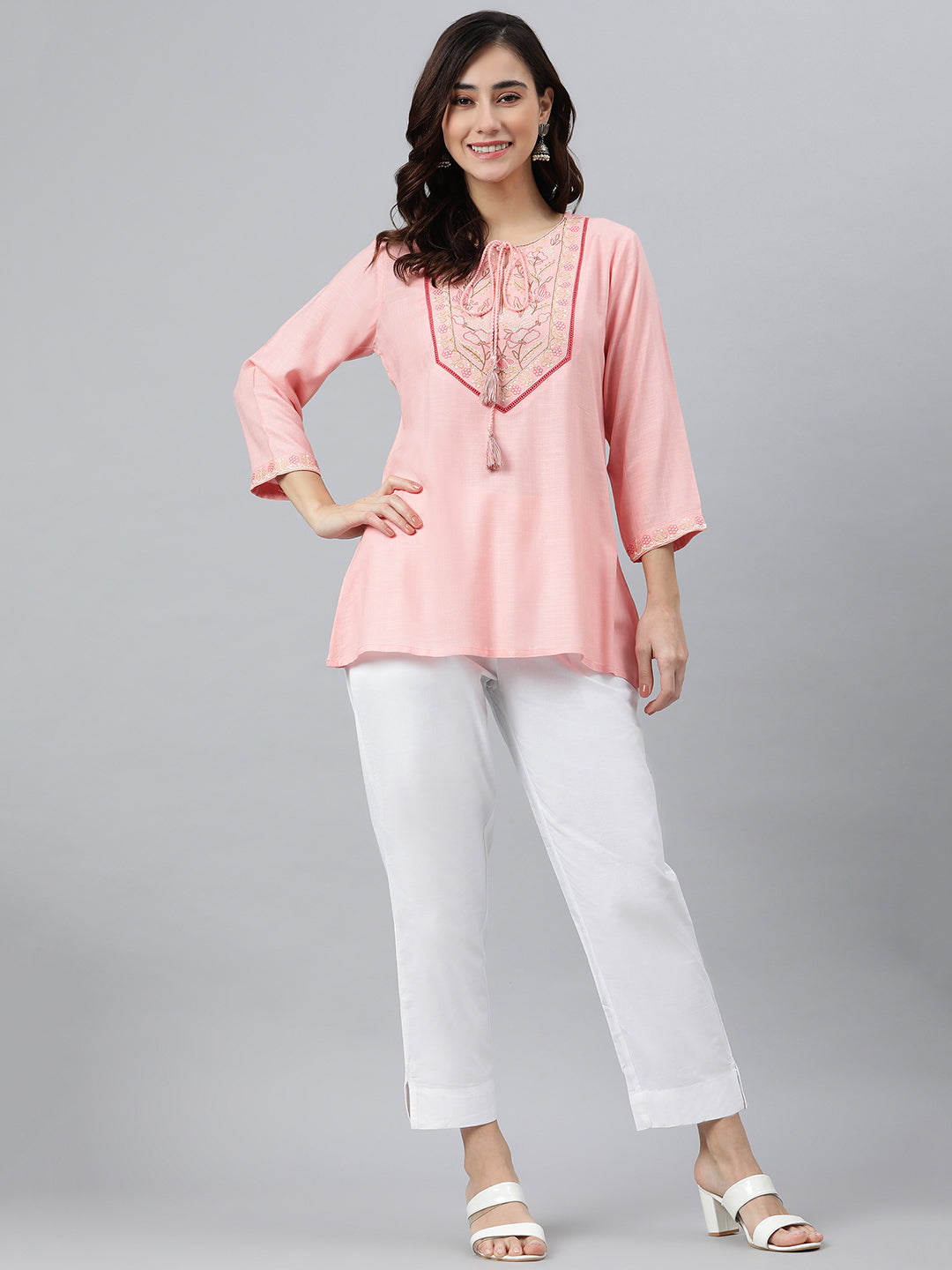 Janasya Women's Light Pink Rayon Slub Embroidered A-Line Top | Swadesiicart