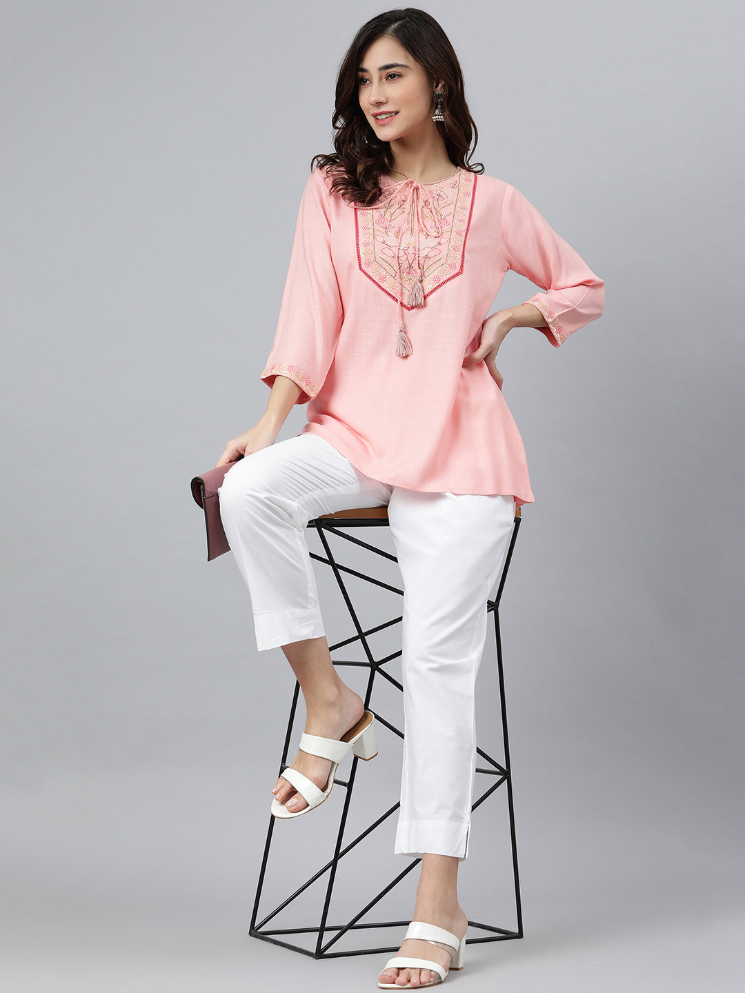 Janasya Women's Light Pink Rayon Slub Embroidered A-Line Top | Swadesiicart