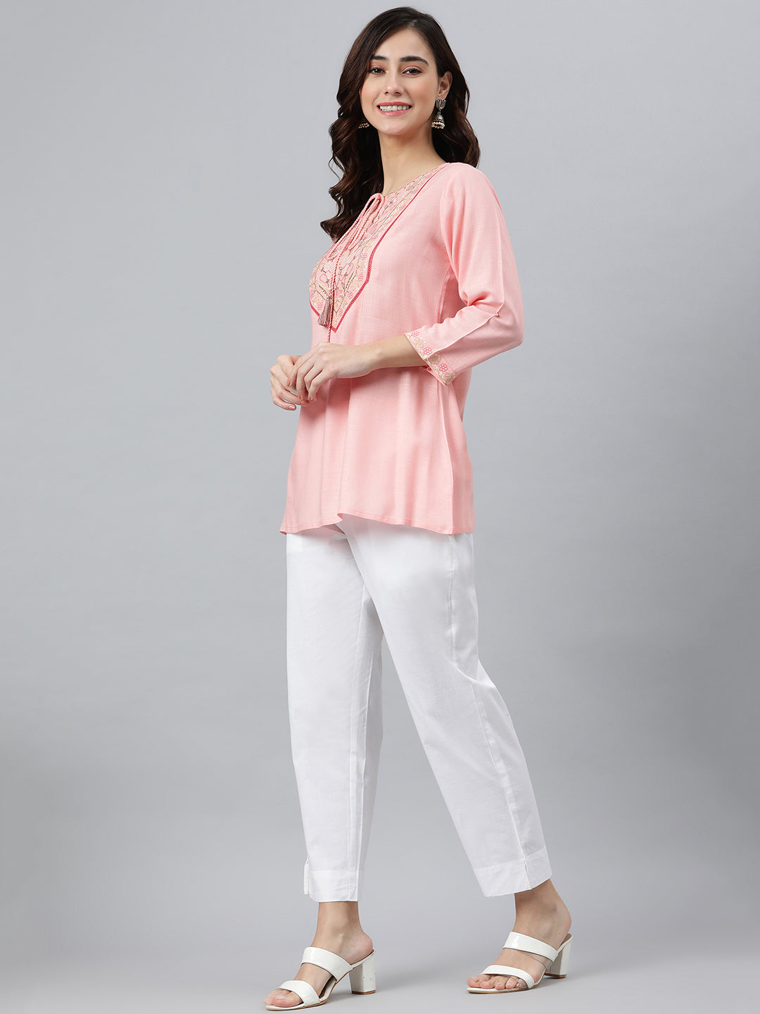 Janasya Women's Light Pink Rayon Slub Embroidered A-Line Top | Swadesiicart