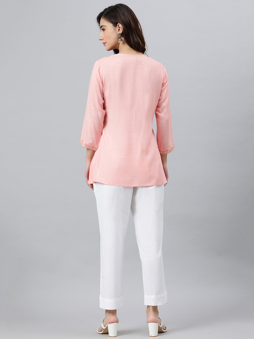Janasya Women's Light Pink Rayon Slub Embroidered A-Line Top | Swadesiicart