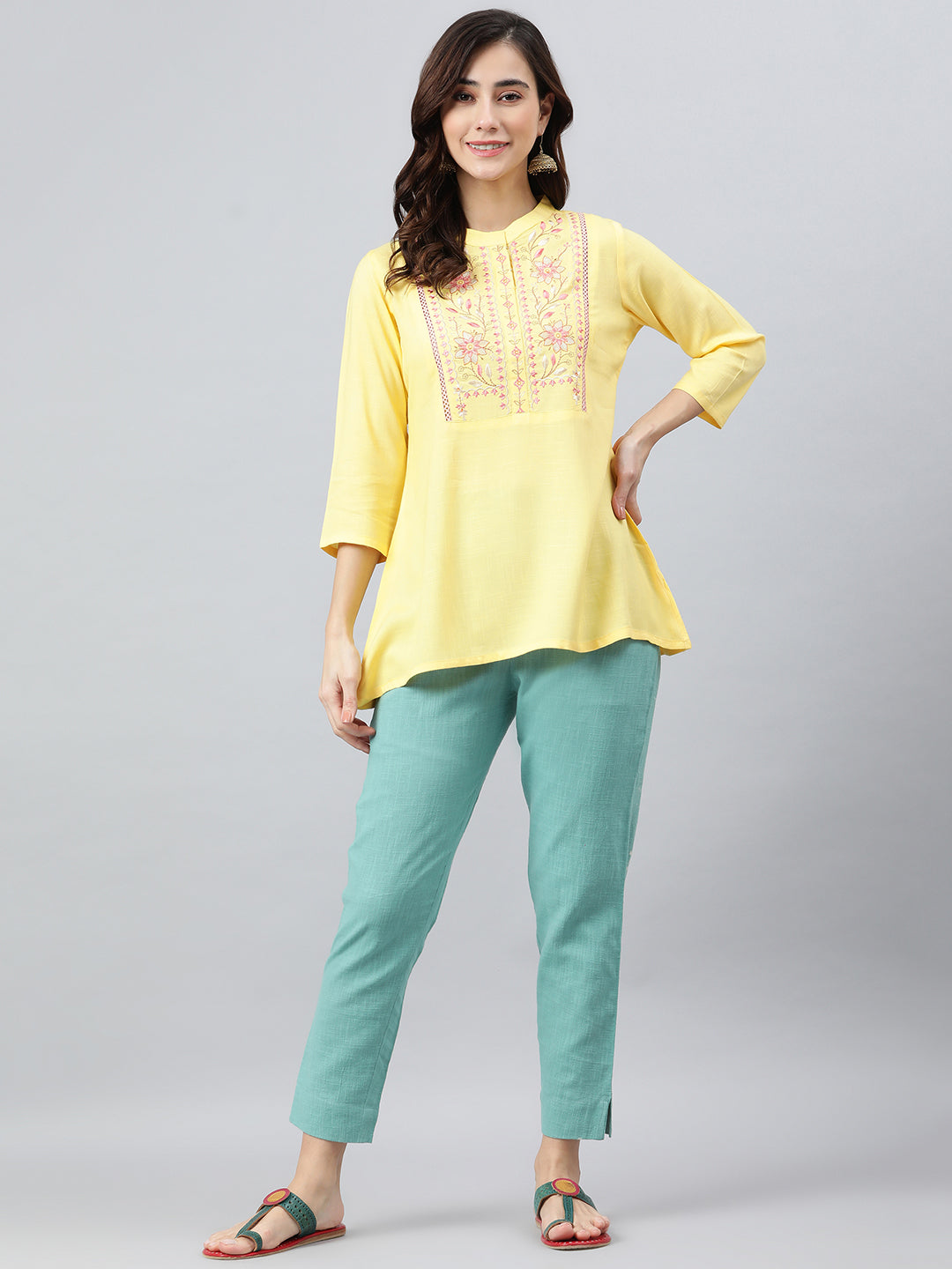 Janasya Women's Yellow Rayon Slub Embroidered A-Line Top | Swadesiicart