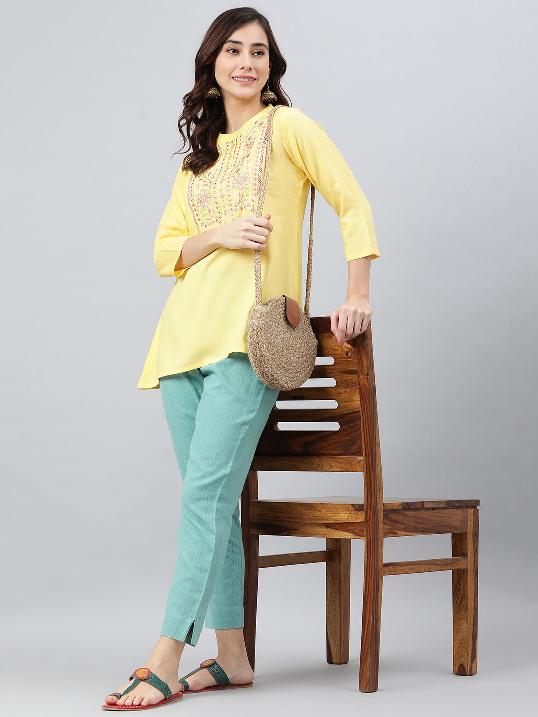 Janasya Women's Yellow Rayon Slub Embroidered A-Line Top | Swadesiicart