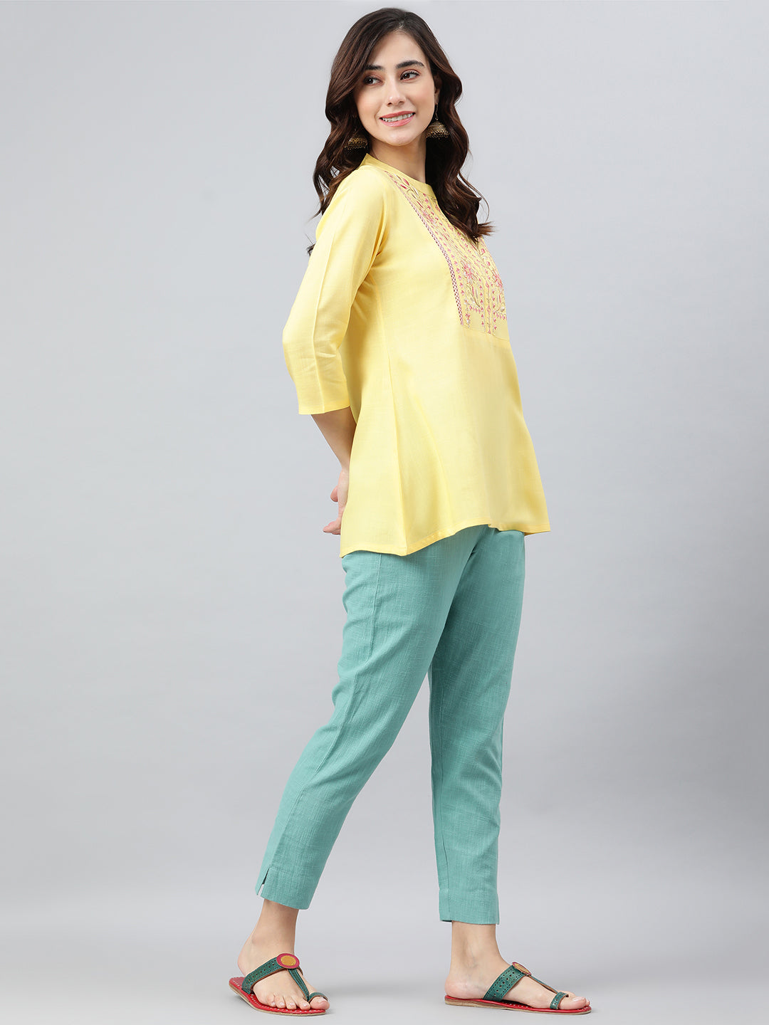Janasya Women's Yellow Rayon Slub Embroidered A-Line Top | Swadesiicart