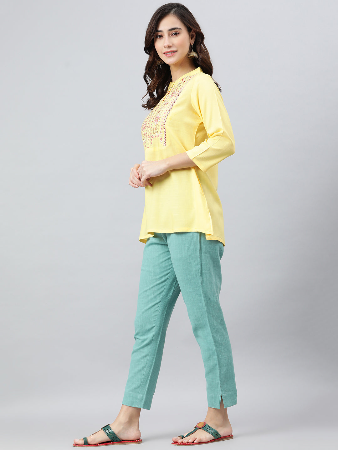 Janasya Women's Yellow Rayon Slub Embroidered A-Line Top | Swadesiicart